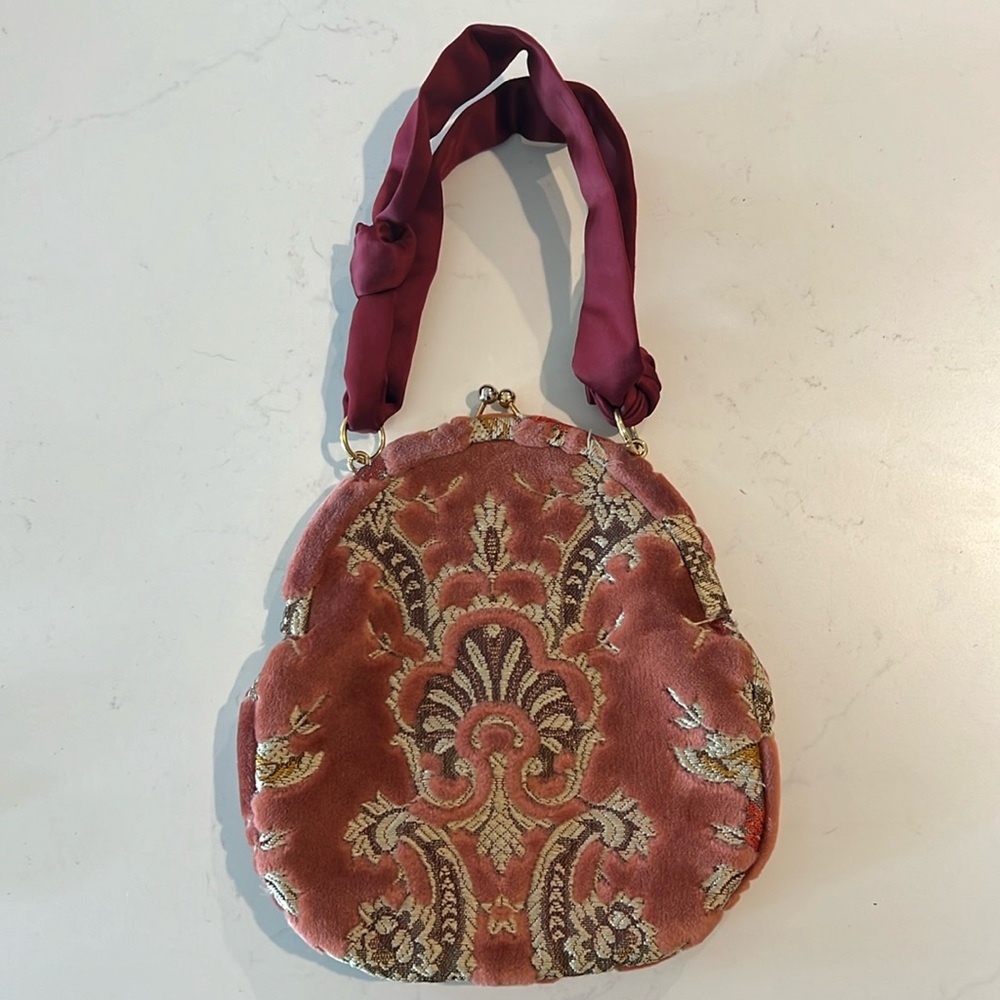 Anthropologie EUC Velvet Tapestry Clutch Handbag, with satin handle.